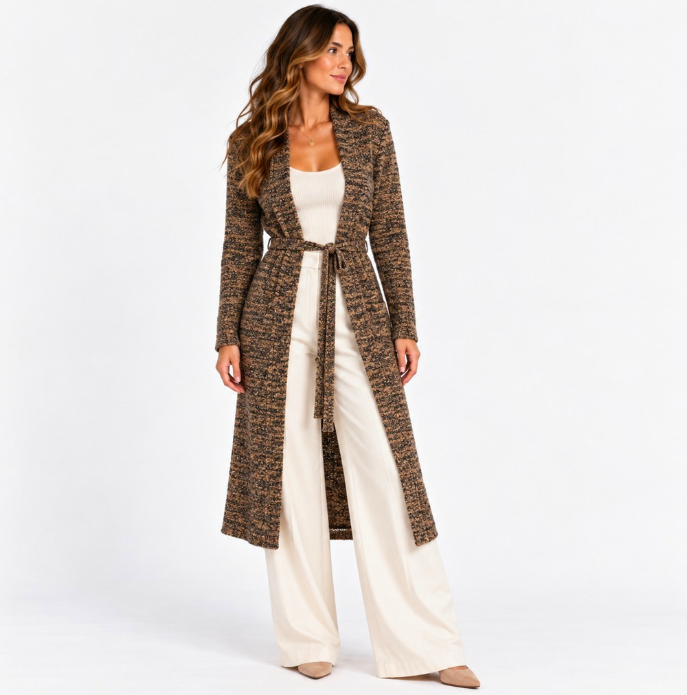 Karen Kane Merino Wool Duster Cardigan Belted Brown Marled Quiet Luxury Medium